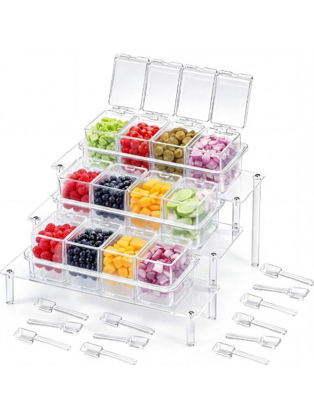 Clear Condiment Organizer Set - 4 Cell Toppings Bar Containers for Kitchen